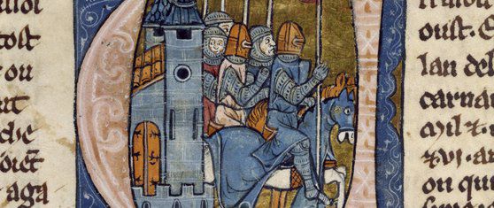 62824526ab-initiaal V - Godefroy de Bouillon en vier ridders - Baltimore, Walters Art Gallery W 137 15R (detail) door anoniem Frans verluchter